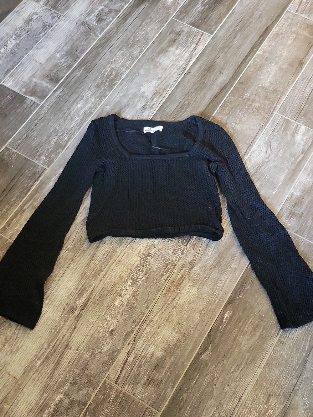 Hollister Black Waffle-Knit Long Sleeve Crop Top